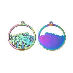 Rainbow Color Ion Plating(IP) 304 Stainless Steel Pendants, Ring with Mountains Charms, Rainbow Color, 27.5x25x1.5mm, Hole: 1.4mm