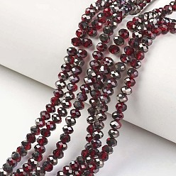 Dark Red Electroplate Transparent Glass Beads Strands, Half Black Plated, Faceted, Rondelle, Dark Red, 4x3mm, Hole: 0.4mm, about 123~127pcs/strand, 16.5~16.9 inch(42~43cm)