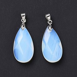 Opalite Opalite Pendants, with Brass Platinum Tone Findings, Faceted, Teardrop Charm, 29~30.5x13x6~7mm, Hole: 4x3.5mm
