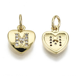 Letter M Brass Micro Pave Clear Cubic Zirconia Charms, with Jump Ring, Heart with Letter, Real 16K Gold Plated, Nickel Free, Letter.M, 10x9x2mm, Jump Ring: 5x1mm, 3mm inner diameter