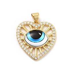 Cyan Heart Brass Micro Pave Clear Cubic Zirconia Pendants, with Resin Eyeball, Cadmium Free & Nickel Free & Lead Free, Real 18K Gold Plated, Cyan, 24x23x5mm, Hole: 3.5x5mm