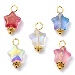 Mixed Color Electroplate Glass Charms, with Glitter Powder, Brass Findings and Alloy Spacer Beads, Star, Mixed Color, 14x8x4mm, Hole: 2.5mm