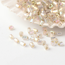 Clear 15/0 Grade A Glass Seed Beads, Hexagon(Two Cut), Silver Lined, Clear, 1~2mmx1~1.5mm, Hole: 0.5mm, about 100000pcs/pound