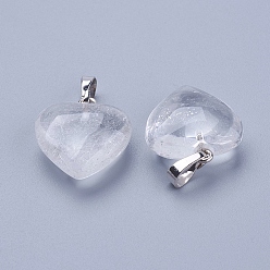 Cristal de Quartz Pendeloques de cristal de quartz naturel, avec les accessoires en laiton, cœur, platine, 23x20x7~9mm, Trou: 5x8mm