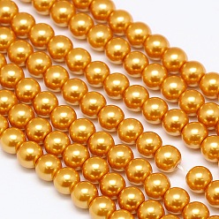 Goldenrod Eco-Friendly Dyed Glass Pearl Round Beads Strands, Grade A, Cotton Cord Threaded, Goldenrod, 10mm, Hole: 0.7~1.1mm, about 42pcs/strand, 15 inch
