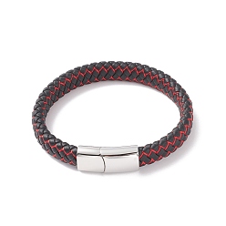 Stainless Steel Color Leather Braided Cord Bracelets, with Nylon and 304 Stainless Steel Magnetic Clasp, Rectangle, Stainless Steel Color, 8-5/8 inch(22cm), 12x6mm