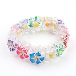Colorful AB Color Plated Glass Bead Multi-Strand Stretch Bracelets, with Flower Polymer Clay Beads, Faceted Round, Colorful, 2 inch(50mm)