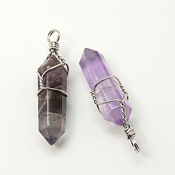 Amethyst Natural Amethyst Double Terminated Pointed Pendants, with Brass Pendant Settings, Faceted, Bullet, Platinum Metal Color, 35~45x10~13mm, Hole: 3mm