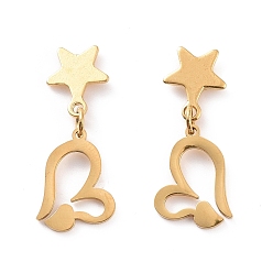 Golden Valentine's Day Heart with Star 304 Stainless Steel Dangle Stud Earrings for Women, Golden, 25.5mm, Pin: 0.8mm