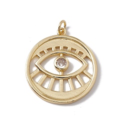Real 18K Gold Plated Brass with Clear Cubic Zirconia Pendants, with Jump Ring, Cadmium Free & Nickel Free & Lead Free, Rack Plating, Flat Round with Eye Pattern, Real 18K Gold Plated, 27.5x25x3mm, Hole: 3mm