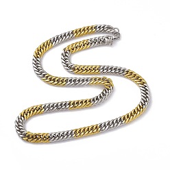 Golden & Stainless Steel Color Two Tone Vacuum Plating 201 Stainless Steel Cuban Link Chain Necklace with 304 Stainless Steel Clasps for Men Women, Golden & Stainless Steel Color, 23.82 inch(60.5cm), Link: 11x8.5x2mm