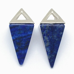 Lapis Lazuli Naturelles lapis-lazuli pendentifs, avec les accessoires en alliage, triangle, teint, platine, 34x14x14.5mm, Trou: 4x6mm