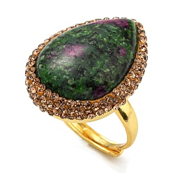 Golden Natural Ruby in Zoisite Teardrop Adjustable Ring with Rhinestone, Brass Ring for Women, Golden, Inner Diameter: 18mm