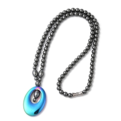 Rainbow Color Synthetic Non-magnetic Hematite Oval Pendant Necklace with Round Beaded Chains, Rainbow Color, 17.72 inch(45cm)