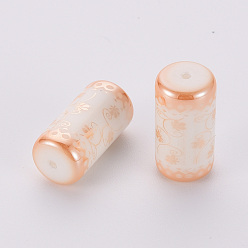 Light Salmon Electroplate Glass Beads, Column with Flower Pattern, Light Salmon, 20x10mm, Hole: 1.2mm, 50pcs/bag