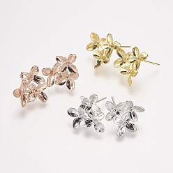 Mixed Color Rack Plating Brass Stud Earring Findings, with Loop, Flower, Mixed Color, 15x14x3mm, Hole: 2mm, pin: 0.5mm