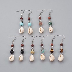 Mixed Stone Round Natural Mixed Stone Dangle Earrings, with Cowrie Shell, Natural Sandalwood Beads and 304 Stainless Steel Earring Hooks, Stainless Steel Color, 72~75mm, Pin: 0.6mm