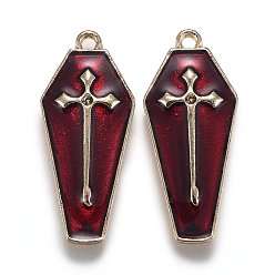Light Gold Halloween Theme Alloy Enamel Pendants, Red Coffin with Cross, Light Gold, 25.5x11x3mm, Hole: 1.2mm