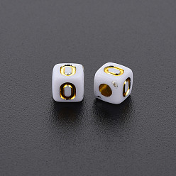 Letter O Opaque White Acrylic Beads, Metal Enlaced, Cube with Letters, Letter.O, 4.5mm, Hole: 2mm, about 5000pcs/500g