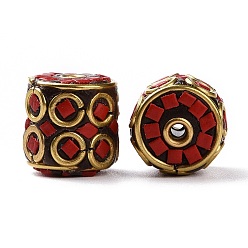 Red Handmade Indonesia Beads, with Brass Findings and Resin, Antique Golden, Column, Red, 14x14mm, Hole: 1.8mm