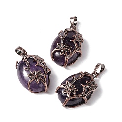 Amethyst Natural Amethyst Pendants, with Red Copper Tone Brass Findings, Cadmium Free & Lead Free, Oval with Flower Charm, 33x20x9mm, Hole: 5x8mm
