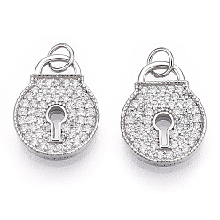 Real Platinum Plated Rhodium Plated 925 Sterling Silver Micro Pave Cubic Zirconia Charms, with Jump Ring, Padlock, Nickel Free, Real Platinum Plated, 13x10x2mm, Inner Diameter: 2.5mm