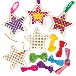 Estrella Kits de punto de cruz de marcadores de madera diy, incluyendo hilo de poliéster, cinta y aguja de plástico, estrella, marcador: 125x125 mm, 4 pcs