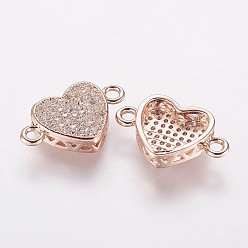 Rose Gold Brass Micro Pave Cubic Zirconia Links, Heart, Rose Gold, 18x11.5x4mm, Hole: 2mm