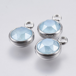 Bleu Ciel K 9 pendentifs en verre, avec 304 accessoires en acier inoxydable, facette, plat rond, couleur inox, bleu ciel, 13.5x10x6mm, Trou: 2.5mm