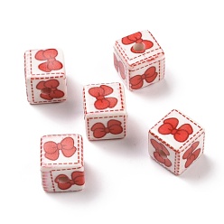 Red Opaque Printed Acrylic Beads, Cube with Bowknot Pattern, Red, 13.5x13.5x13.5mm, Hole: 3.8mm