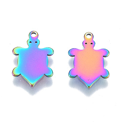 Rainbow Color Ion Plating(IP) 201 Stainless Steel Charms, Turtle, Rainbow Color, 15x10x1mm, Hole: 1.2mm