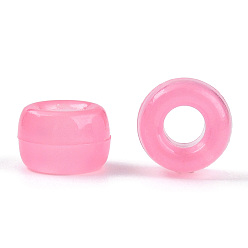 Rosa Caliente Perlas de plástico transparentes y luminosas, esmerilado, brillan en la oscuridad, barril, color de rosa caliente, 9x6 mm, agujero: 3.8 mm, Sobre 1900 unidades / 500 g