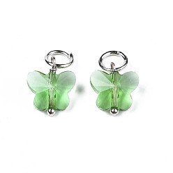 Light Green Faceted Transparent Glass Charms, with Iron Jump Ring, Butterfly, Light Green, 13~14x9.8x6mm, Hole: 4mm
