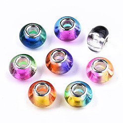 Mixed Color Transparent Two Tone Resin European Beads, Large Hole Beads, with Silver Tone Brass Double Cores, Rondelle, Mixed Color, 14x9.5mm, Hole: 5mm