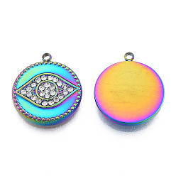 Rainbow Color 304 Stainless Steel Pendants, with Crystal Rhinestone, Flat Round with Eye, Rainbow Color, 19x16.5x2.5mm, Hole: 1.4mm