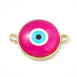 Magenta Evil Eye Resin Connector Charms, Flat Round Links, with Golden Tone Brass Findings, Magenta, 16.5x22x5mm, Hole: 1.8mm