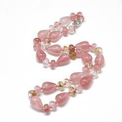 Cherry Quartz Glass Cherry Quartz Glass Beaded Necklaces, with Alloy Lobster Clasps, Teardrop, 18.1 inch~18.5 inch(46~47cm)
