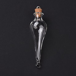 Clear Teardrop Glass Cork Bottle Big Pendants, Glass Empty Wishing Bottle Charm, with Platimen Tone Iron Loops, Clear, 7.4cm, Hole: 2.5mm