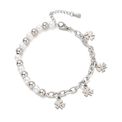 Stainless Steel Color 201 Stainless Steel Clover Charm Bracelet, Plastic Pearl Beaded Bracelet with 304 Stainless Steel Cable Chains for Women, Stainless Steel Color, 7-1/2 inch(19cm)
