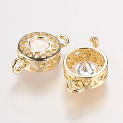 Golden Brass Glass Rhinestone Links connectors, Flat Round, Crystal, Golden, 18x10.5x5mm, Hole: 1.5mm