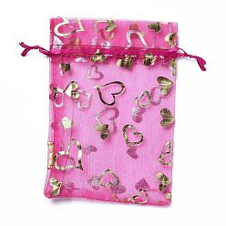 Fuchsia Organza Drawstring Jewelry Pouches, Wedding Party Gift Bags, Rectangle with Gold Stamping Heart Pattern, Fuchsia, 15x10x0.11cm