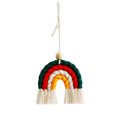 Colorful Handmade Macrame Weaving Rainbow Tassel Pendant Decorations, with Wood Bead for Car Home Window Decoration, Colorful, 85x90mm