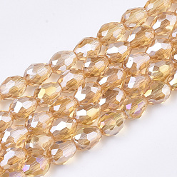 Verge D'or Perles en verre electroplate, de couleur plaquée ab , facette, larme, verge d'or, 7.5~8x6mm, Trou: 1mm, Environ 66~68 pcs/chapelet, 22.6 pouce