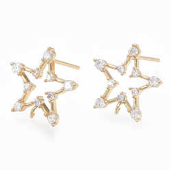 Real 18K Gold Plated Brass Stud Earring Findings, with Loop, Real 18K Gold Plated, with Cubic Zirconia, Star, Clear, 14.5x14.5mm, Hole: 1.2mm, Pin: 0.7mm