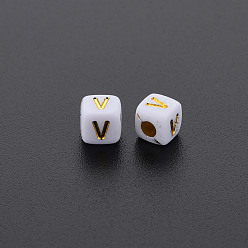 Letter V Opaque White Acrylic Beads, Metal Enlaced, Cube with Letters, Letter.V, 4.5mm, Hole: 2mm, about 5000pcs/500g