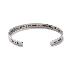 Arrow 304 bracelet manchette ouvert en acier inoxydable, mot inspirant belle fille bracelet pour hommes femmes, motif de flèches, diamètre intérieur: 2-1/2 pouce (6.5 cm)