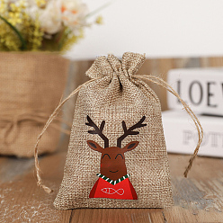 Deer Christmas Theme Linenette Drawstring Bags, Rectangle with Reindeer Pattern, Peru, Reindeer Pattern, 14x10cm