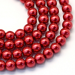 FireBrick Baking Painted Pearlized Glass Pearl Round Bead Strands, FireBrick, 8~9mm, Hole: 1mm, about 105pcs/strand, 31.4 inch