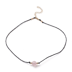 Rose Quartz Natural Rose Quartz Beaded Necklaces, with Waxed Cotton Cords, Brass Round Beads and 304 Stainless Steel Lobster Claw Clasps, Golden, 15.75 inch(40cm)