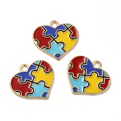 Colorful Alloy Enamel Pendants, Heart with Autism Puzzle Pattern Charm, Golden, Colorful, 19x20.5x1mm, Hole: 2mm